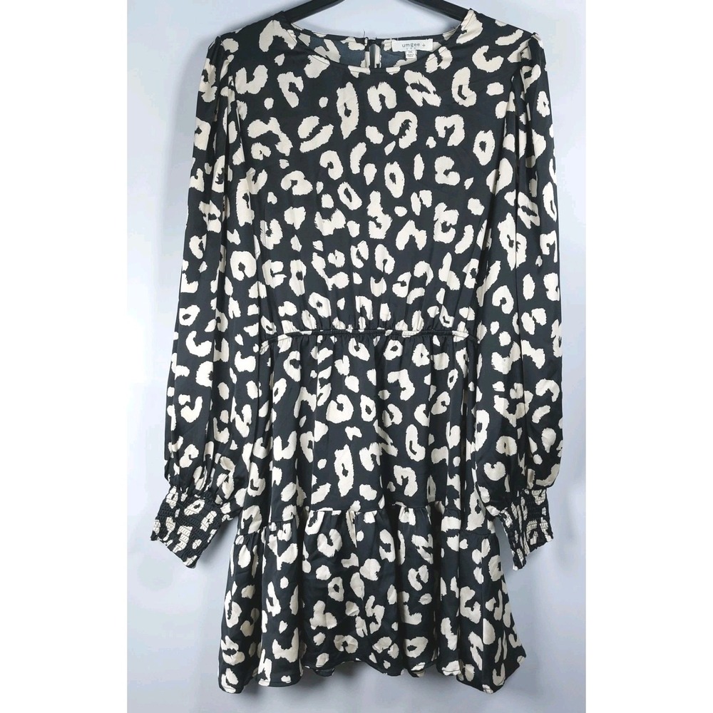 Umgee USA Leopard Print Dress Size 2XL Black Tan Smocked‎ Cuff Long Sleeve